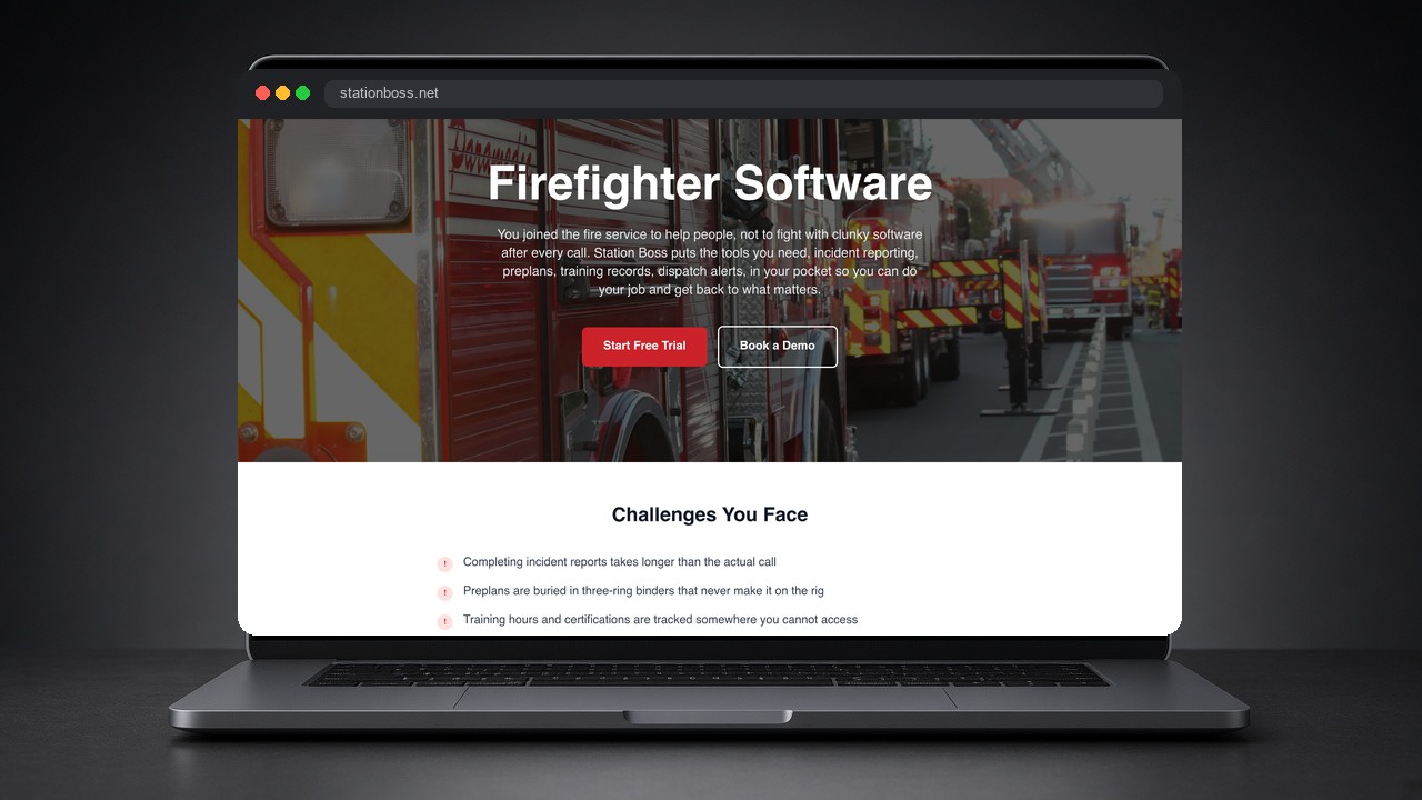 Station Boss firefighter software page on laptop
